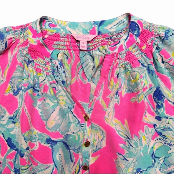{Lilly Pulitzer} "Elsa Top Lobsters in Love" Silk Blouson Smocked V-Neck Blouse - Picture 3 of 4